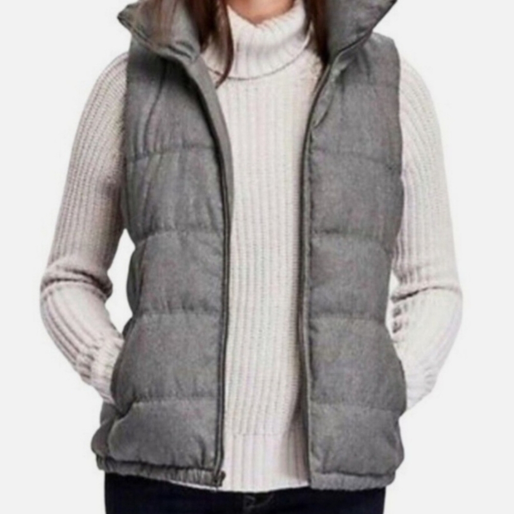 Old Navy Womens Gray Herringbone Full Zip Fleece Puffer Vest Wool Blend Sz Med